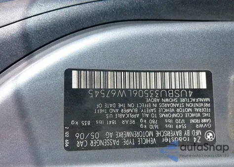 2006 BMW Z4 3.0I z USA, uszkodzony, nr VIN 4USBU33506LW67545